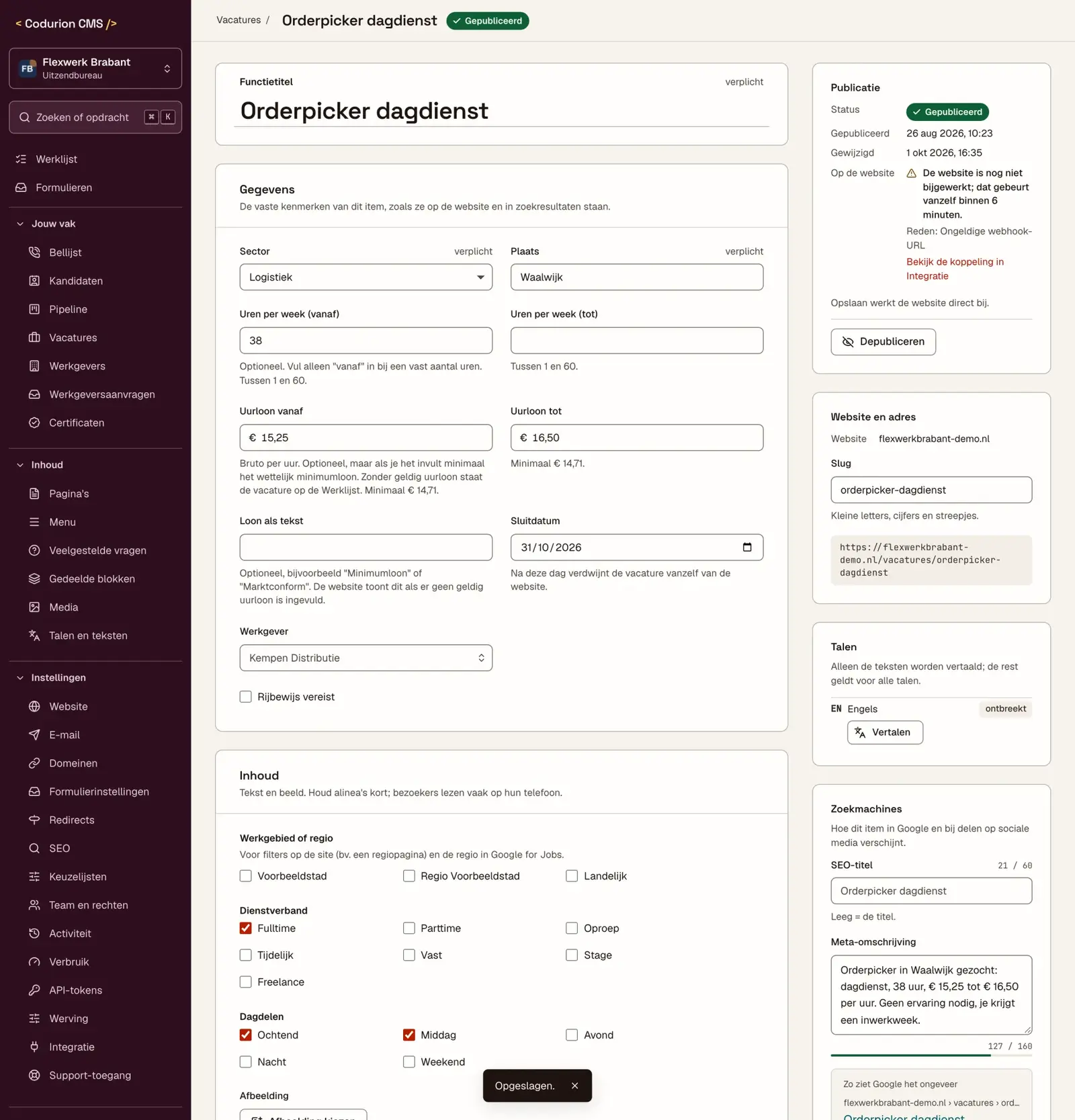 De vacature-editor met velden voor uurloon en werkgebied en een SEO-controle