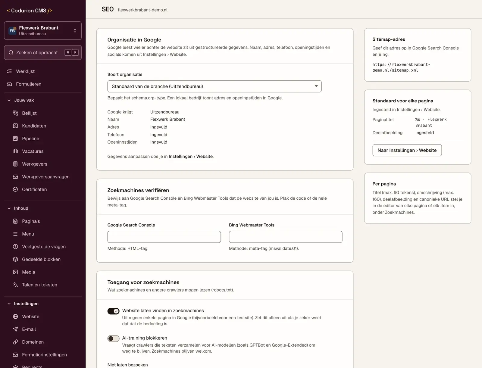 Instellingen › SEO: organisatiegegevens voor Google, verificatie voor Search Console en Bing, sitemap en robots