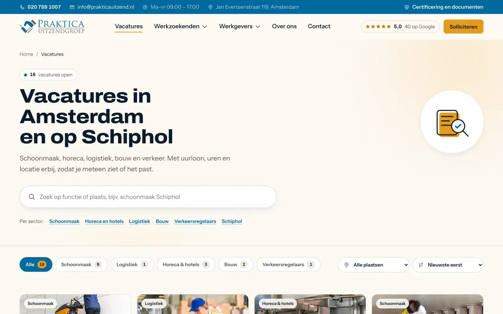 Het vacatureoverzicht met zoekveld en filters