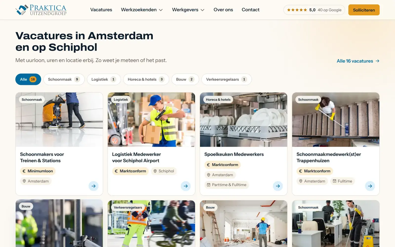 Vacaturekaarten met uurloon, uren en plaats en een filter per sector