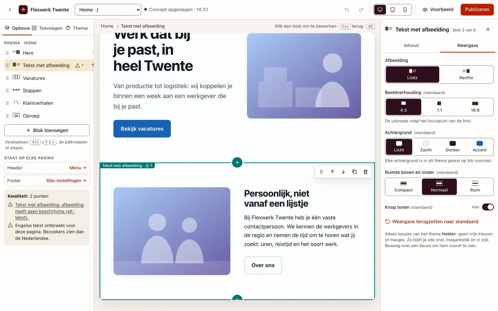 Prototype van de visuele editor met de weergave-opties van een blok in het zijpaneel