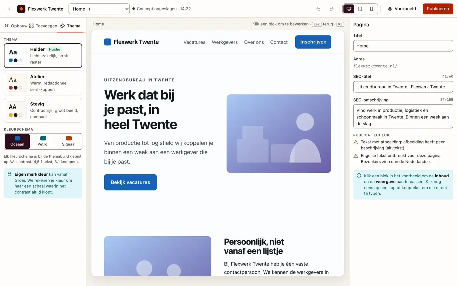 Prototype van het themapaneel met drie thema’s en kleurschema’s